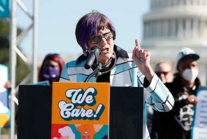 Rep. Rosa DeLauro (D-Conn.) along with members of Congress, parents and caregiving advocates hold a press conference supporting "Build Back Better" investments in home care, child care, paid leave and expanded child tax credit payments in front of the U.S. Capitol on Oct. 21, 2021, in Washington, D.C.