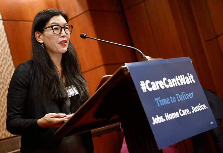 Ai-jen Poo, president of the National Domestic Workers Alliance, speaks at a "Welcome Back, Congress" rally calling for urgent focus to include home care as part of the Build Back Better Act at the U.S. Capitol on Sept. 23, 2021, in Washington, D.C.