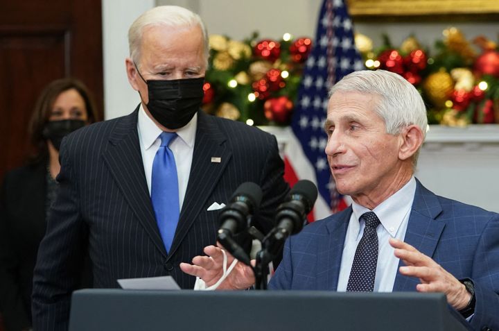 Fauci speaks during a briefing on the Omicron COVID-19 variant at the White House with Vice President Kamala Harris and President Joe Biden. Biden hailed Fauci Monday as "a dedicated public servant and a steady hand with wisdom and insight."