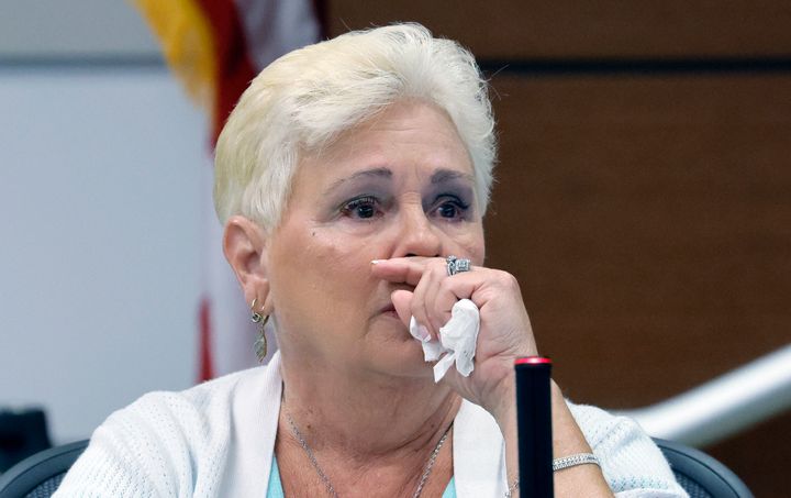 Carolyn Deakins becomes emotional as she testifies about her drug and alcohol use in the 1990's with Cruz's biological mother, Brenda Woodard, during the penalty phase of Cruz's trial on Monday.