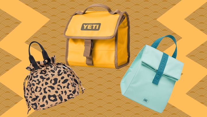 A Calpak insulated lunch bag, Yeti Daytrip lunch bag and Athleta Girl Limitless lunchbag.