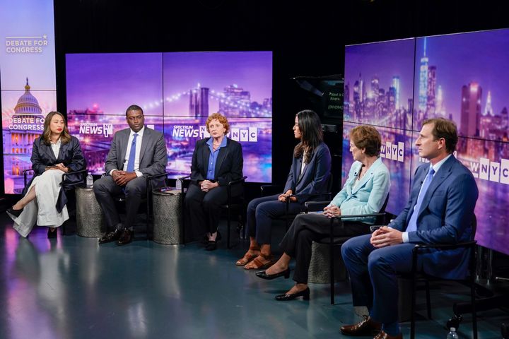 From left, New York Assembly member Yuh-Line Niou, U.S. Rep. Mondaire Jones, Assembly member Jo Anne Simon, New York City Council member Carlina Rivera, Elizabeth Holtzman and attorney Dan Goldman participate in New York's 10th Congressional District Democratic primary debate on Aug. 10.