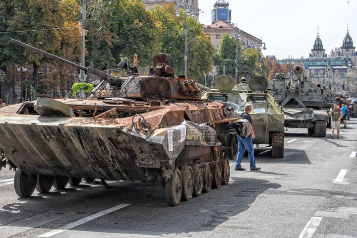 Ukrainians visit the exhibition of destroyed Russian military vehicles in the centre of Kyiv, Ukraine