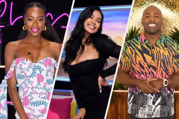 AJ Odudu, Maya Jama and Darren Harriott on the set of Love Island Aftersun