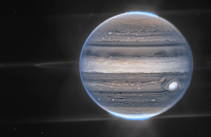 This image provided by NASA shows a false colour composite image of Jupiter obtained by the James Webb Space Telescope