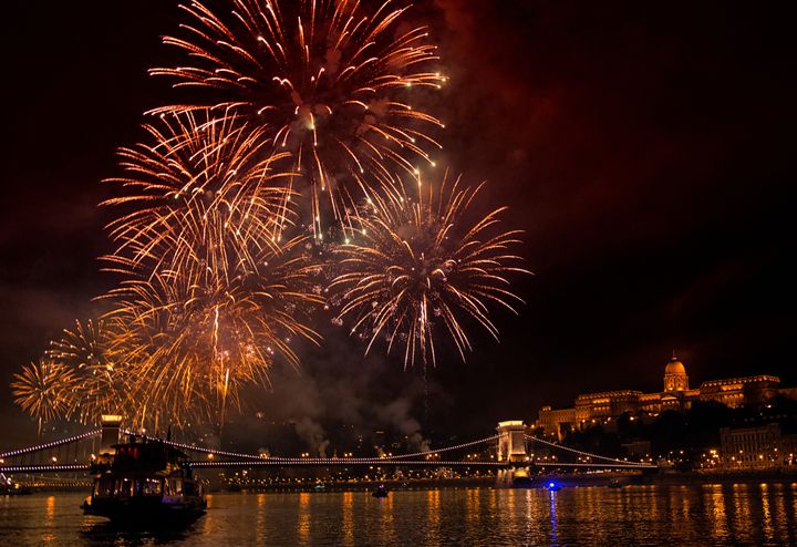 Firework display over the Danube and the Parliament on the celebration of Hungarian National Day on August 20th.
