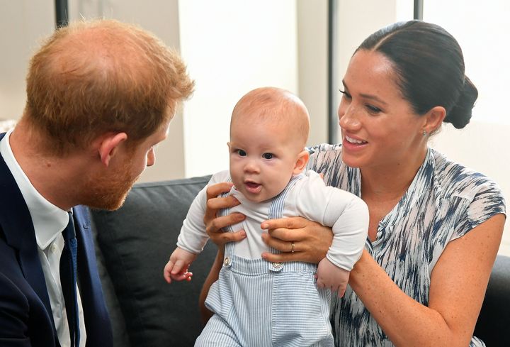The Duke and Duchess of Sussex and their baby son, Archie Mountbatten-Windsor, meet Archbishop Desmond Tutu during their royal tour of South Africa on Sept. 25, 2019 in Cape Town.