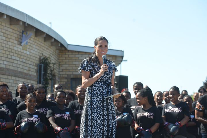 Meghan delivers a speech during a visit with Harry to the “Justice Desk” organization, within the township of Nyanga in Cape Town, as they begin their tour of the region on Sept. 23, 2019.