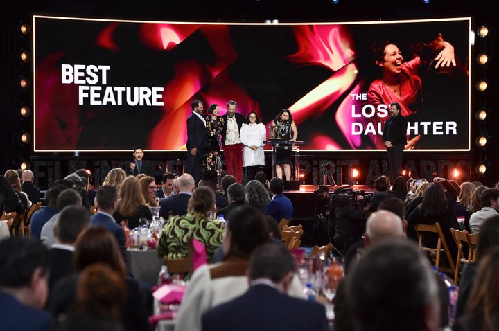 Affonso Goncalves, from left, Maggie Gyllenhaal, Peter Sarsgaard, Osnat Handelsman-Keren and Talia Kleinhendler accept the award for best feature for "The Lost Daughter" at the Film Independent Spirit Awards on March 6.