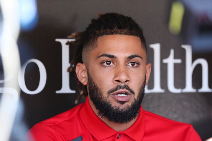 San Diego Padres' Fernando Tatis Jr. speaks to the media about his 80 game suspension from baseball.(AP Photo/Derrick Tuskan)