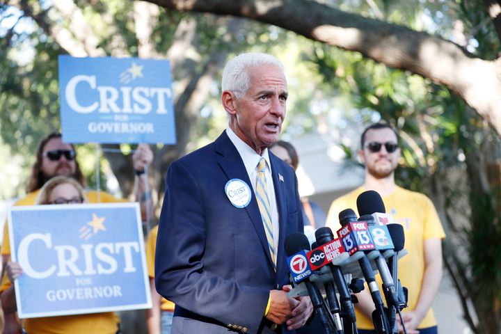 Florida gubernatorial candidate Rep. Charlie Crist speaks to the media before casting his vote in the primary election on Aug. 23, 2022.