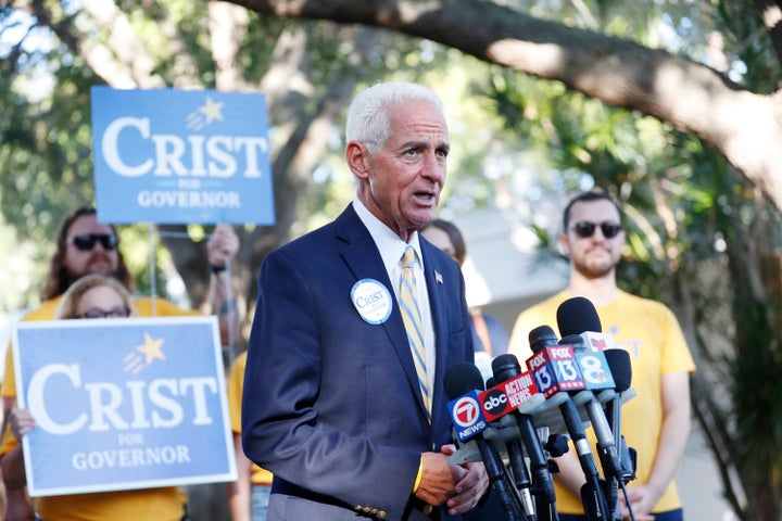 Florida gubernatorial candidate Rep. Charlie Crist speaks to the media before casting his vote in the primary election on Aug. 23, 2022.