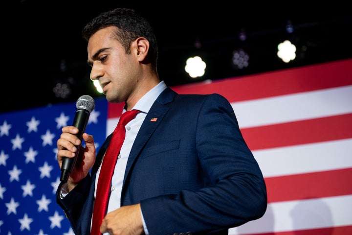 TUCSON, ARIZONA - JULY 31: Republican attorney general candidate for Arizona Abraham Hamadeh prepares to speak to supporters during a campaign event at the Whiskey Roads Restaurant & Bar on July 31, 2022 in Tucson, Arizona. With less than two days to go before the Arizona primary election, candidates continue campaigning across the state.