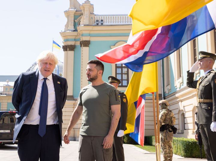Ukrainian president Volodymyr Zelenskyy meeting UK prime minister Boris Johnson, who has made a surprise visit to Kyiv in support of Ukraine as it marks 31 years of independence from the Soviet Union.