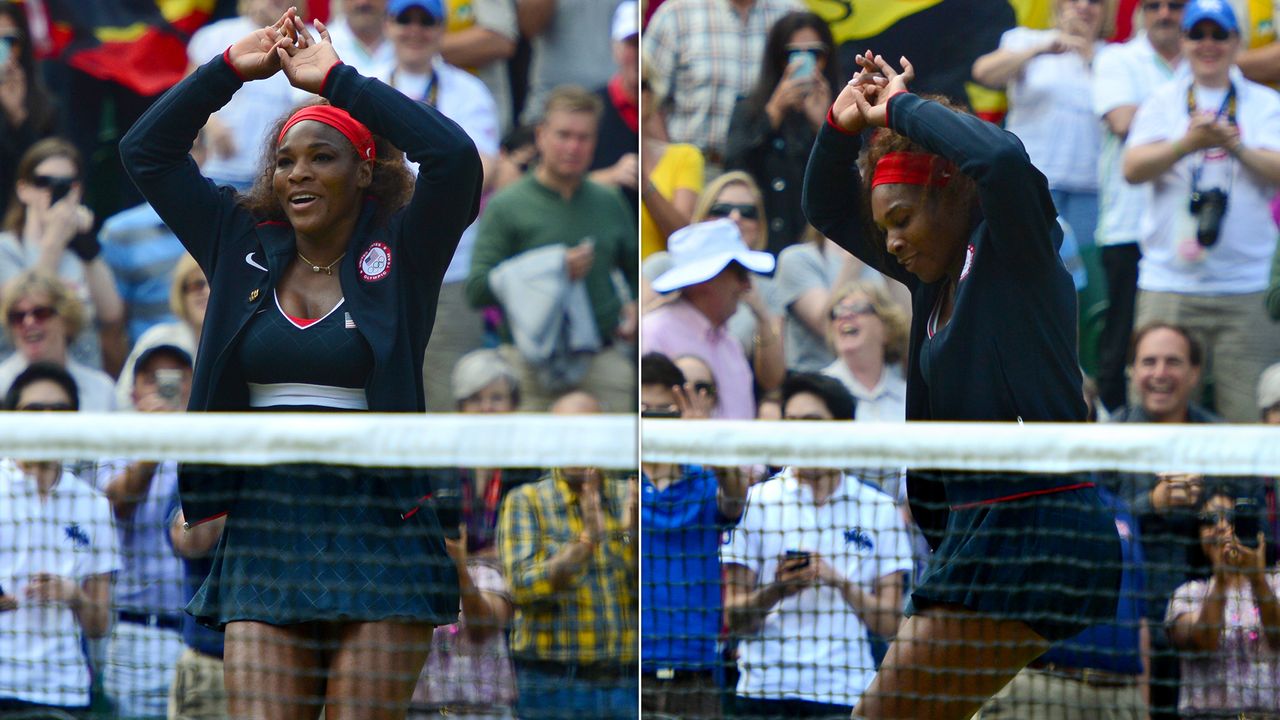 Williams dances after beating Sharapova in the final of a women's singles tournament in London on Aug. 4, 2012.