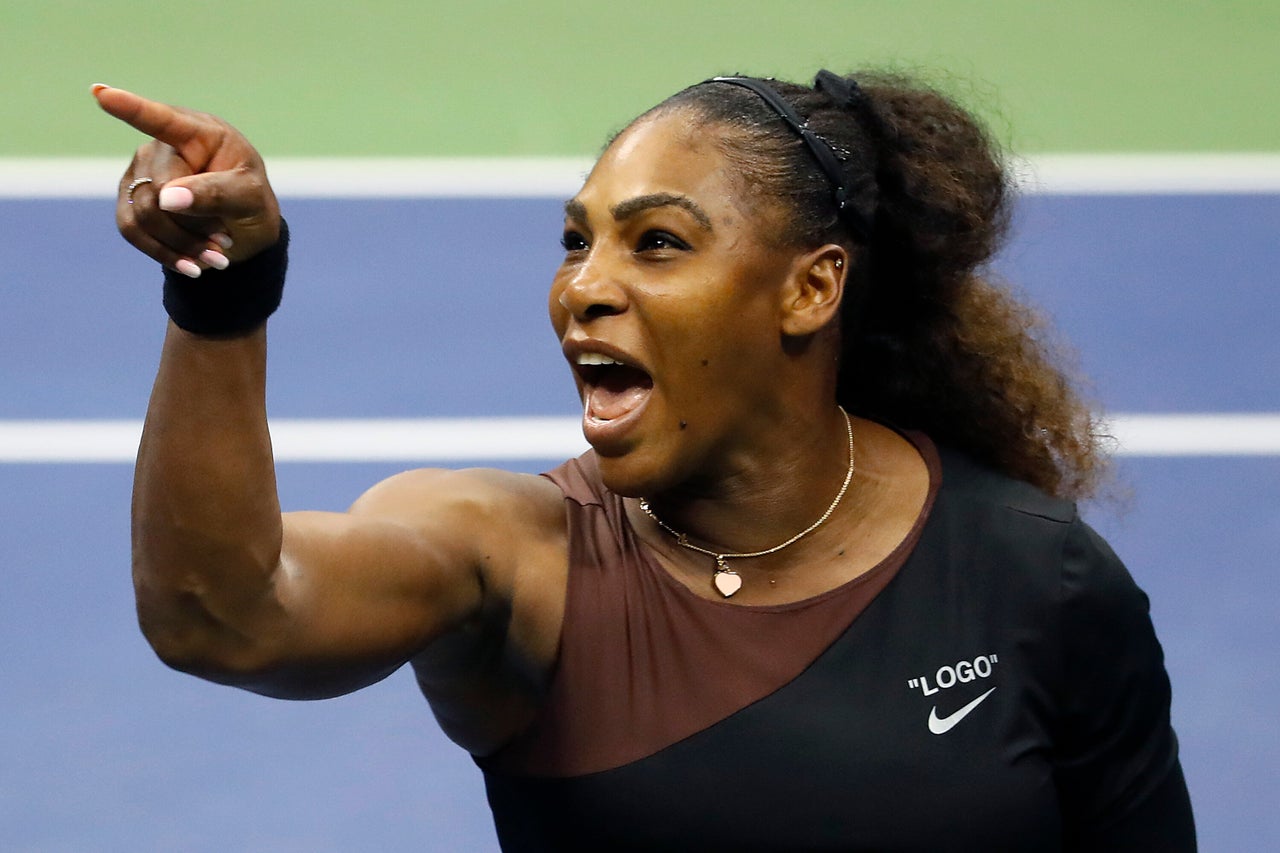 Williams argues with umpire Carlos Ramos during her women's singles finals match against Japan's Naomi Osaka at the 2018 U.S. Open on Sept. 8, 2018, in New York City.