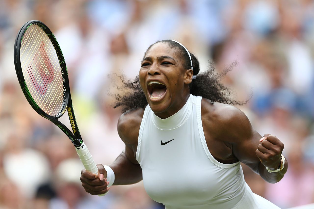 Serena Williams celebrates winning a set during the women's singles final of the 2016 Wimbledon Championships in London on July 9, 2016.