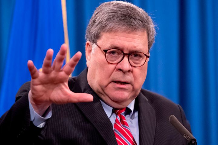 FILE - Former U.S. Attorney General William Barr speaks at a news conference in 2020. A memo prepared for Barr by Department of Justice officials described that he did nothing that could lead to criminal obstruction of justice. 