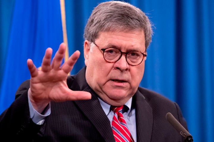 FILE - Former U.S. Attorney General William Barr speaks at a news conference in 2020. A memo prepared for Barr by Department of Justice officials described that he did nothing that could lead to criminal obstruction of justice.