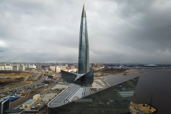 A view of the business tower Lakhta Centre, the headquarters of Russian gas monopoly Gazprom in St. Petersburg, Russia, on April 27, 2022. People across the world are confronted with higher fuel prices as the war in Ukraine and lagging output from producing nations drive prices higher.