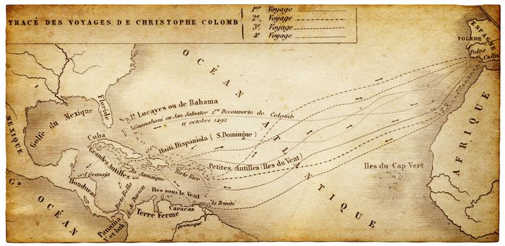 Μικρός χάρτης του 1882 με τα ταξίδια του Χριστόφορου Κολόμβου στην Αμερική. 