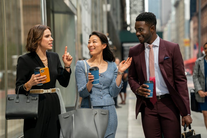 Alexandra Turshen as Rachel Friedman, Arden Cho as Ingrid Yun, Bradley Gibson as Tyler Robinson in Netflix's "Partner Track."