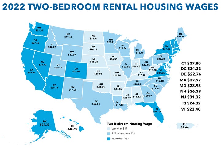 2022 data from the National Low Income Housing Coalition shows the hourly wage required to afford the rent on a two-bedroom home in each U.S. state and Puerto Rico.