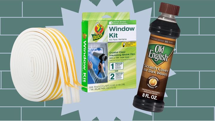 From left to right: Weather-proof insulation strips, a shrink film insulation kit for windows, and wood scratch cover.