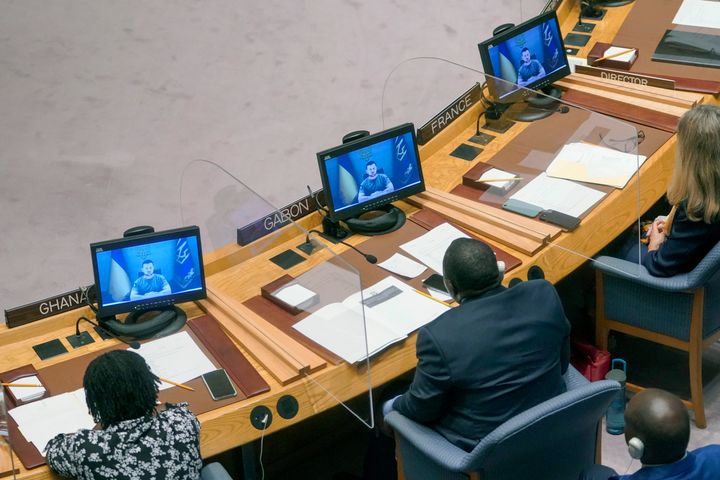 Ukrainian President Volodymyr Zelenskyy addresses the Security Council via video link during a meeting on threats to international peace and security, Aug. 24, 2022, at United Nations headquarters. 