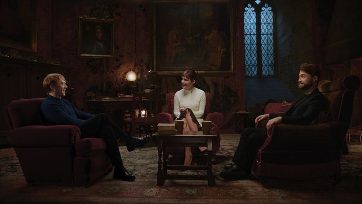 Rupert Grint, Emma Watson and Daniel Radcliffe pictured on the set of the Harry Potter reunion