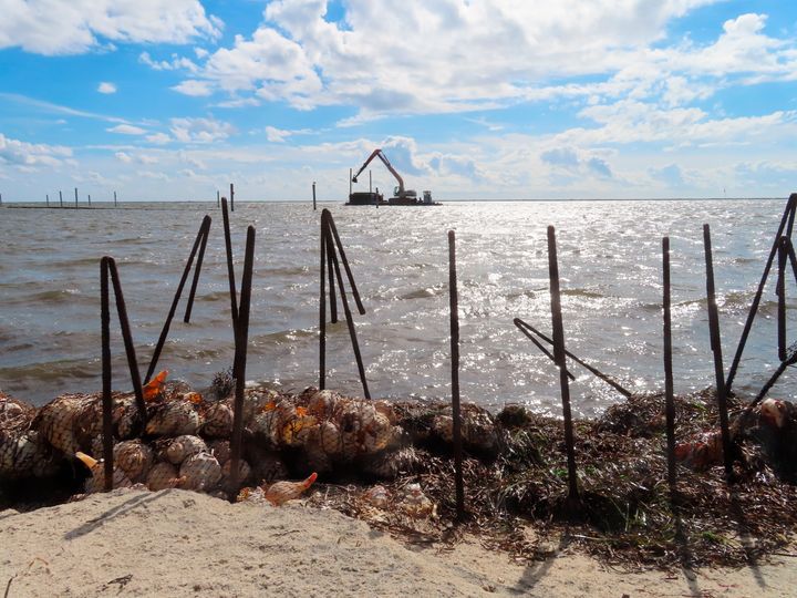 A barge holding cages of whelk shells and oysters sails into Barnegat Bay in Lacey Township N.J. on Aug. 16, 2022 as part of a project to protect the shoreline by establishing oyster colonies to blunt the force of incoming waves. In the foreground are bags of shells and metal rods placed as part of a previous erosion control project. (AP Photo/Wayne Parry)