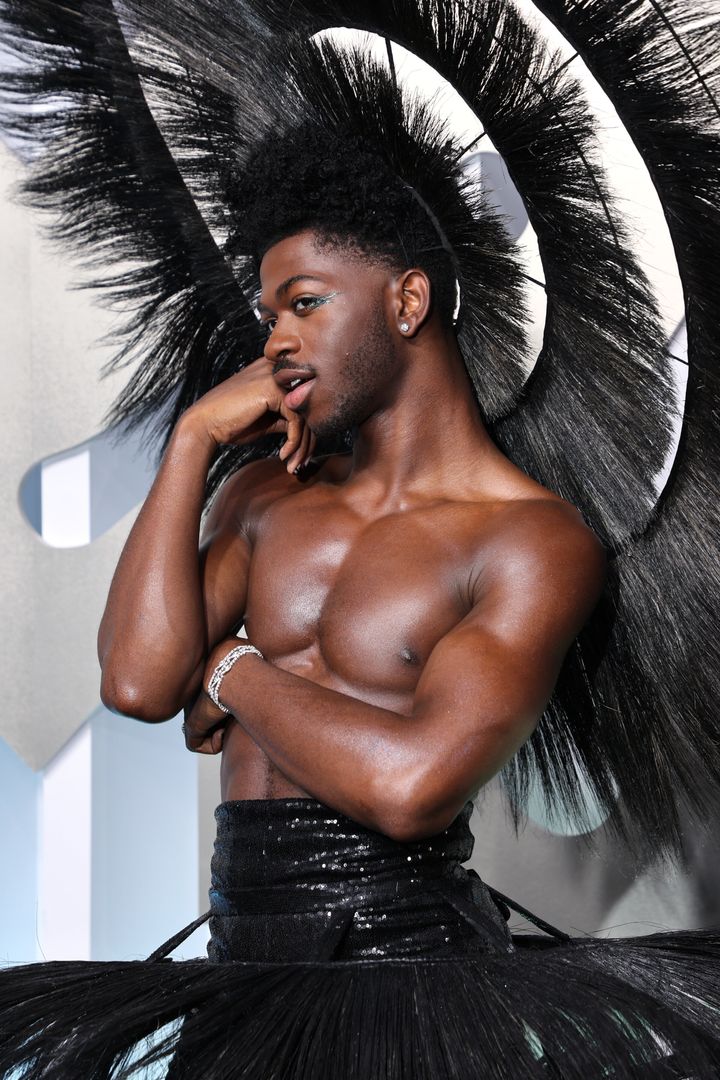 Lil Nas X sported an all-black, shirtless look from Harris Reed on Sunday.