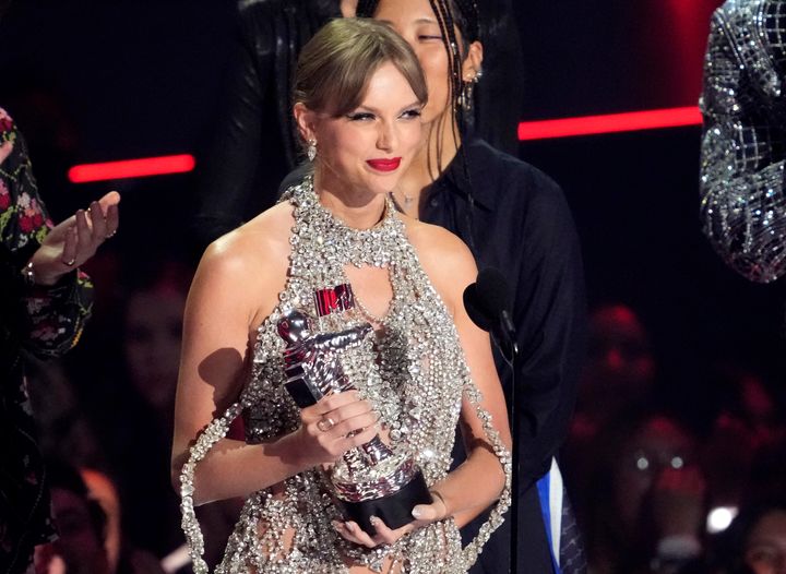 Taylor Swift accepts the award for video of the year for "All Too Well" (10 Minute Version) (Taylor's Version) at the MTV Video Music Awards.
