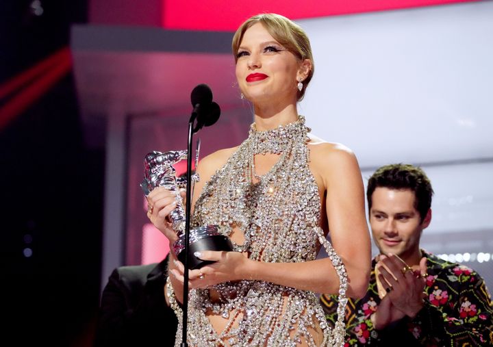 Taylor Swift on stage at the 2022 VMAs
