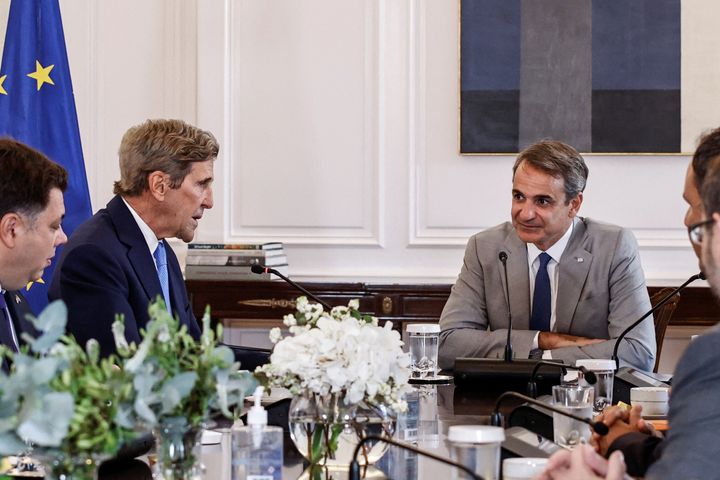 U.S. Special Envoy on Climate Change John Kerry speaks during his meeting with Greek Prime Minister Kyriakos Mitsotakis at the Maximos Mansion, in Athens, Greece, August 29, 2022. REUTERS/Alkis Konstantinidis