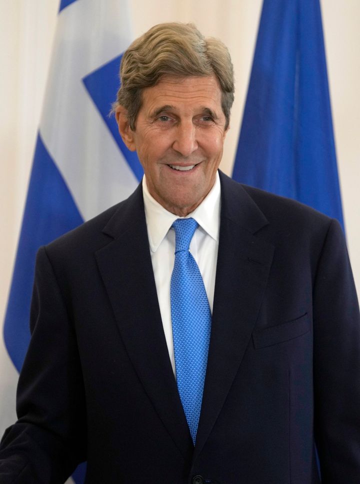 Special US Presidential Envoy for Climate John Kerry attends a meeting with Greece's Prime Minister Kyriakos Mitsotakis at Maximos Mansion in Athens, Greece, Monday, Aug. 29, 2022. Kerry will travel after Greece to Bali, Indonesia, to attend the G20 Climate and Environment Ministerial Meeting. (AP Photo/Thanassis Stavrakis)