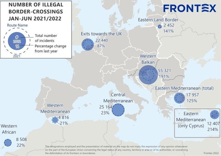 Grafico de las llegadas irregulares a la UE en el primer semestre de 2022