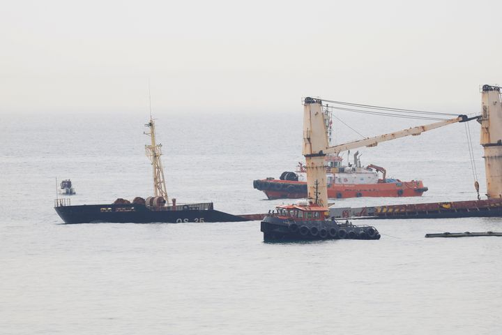 Cargo ship OS 35 is half sunk in Catalan Bay after colliding with LNG tanker ADAM LNG near Gibraltar, August 30, 2022. REUTERS/Jon Nazca