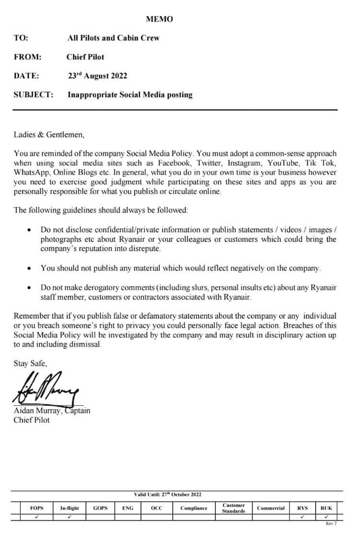 Circular del 23 de agosto enviada a los trabajadores donde se advierte sobre las consecuencias de opinar negativamente sobre la empresa.