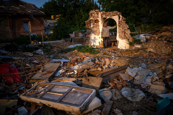 Vladimir, 66, stands next to the wreckage of his house after being bombed by Russians in Chernihiv, Ukraine, on Aug. 29, 2022. On May 3, witnesses heard a plane approaching and dropping bombs that destroyed a large number of houses, including his own, killing five of his relatives who were sleeping at the time.