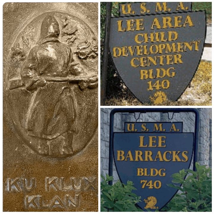 A naming commission took issue with various Confederacy-affiliated assets at West Point. At left, a marker at West Point bears the words “Ku Klux Klan” below a relief of a hooded figure carrying a rifle.