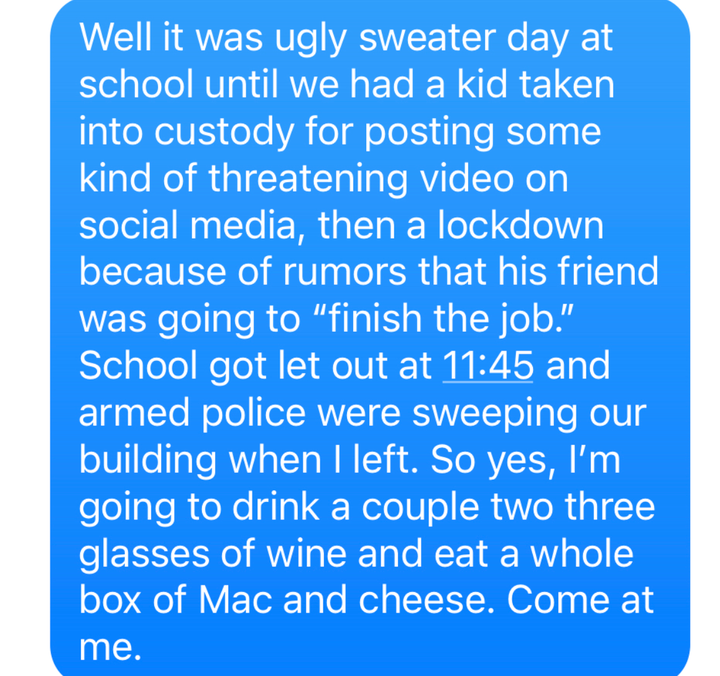 The text message the author sent to her best friends when she got home early from school on the day of the lockdown in 2019.