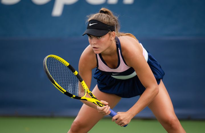 Sara Bejlek of the Czech Republic en route to defeating Heather Watson in the final qualifying match of the U.S. Open.