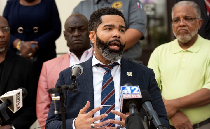 Jackson, Miss., Mayor Chokwe Antar Lumumba addresses the city's partnership with the state to help address the water crisis in the Capital city during a news conference in Jackson Tuesday, Aug. 30, 2022. On Monday, Mississippi Gov. Tate Reeves announced state assistance to help with Jackson's water issues.