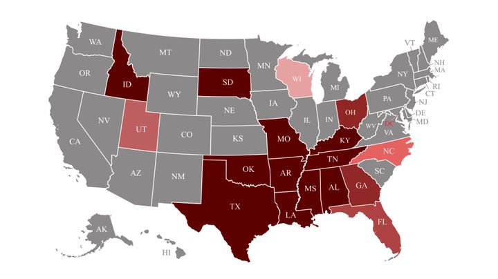 Shown in dark red, 11 states are currently enforcing near-total abortion bans. Six other states have implemented other restrictions on abortion since Roe fell, ranging from six-week bans (Georgia and Ohio), to a 15-week ban (Florida), an 18-week ban (Utah) and a 20-week ban (North Carolina).