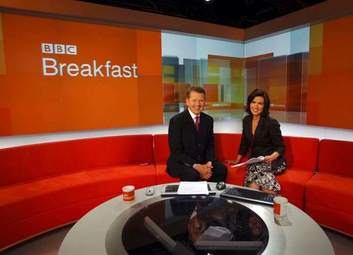 Bill Turnbull and Susanna Reid on the set of BBC Breakfast, the morning television news programme simulcast on BBC One and BBC News 24. It is presented live from BBC Television Centre in White City, West London, and contains a mixture of news, sport, weather, business and feature items. (Photo by Jeff Overs/BBC News & Current Affairs via Getty Images)