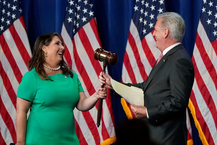 Republican National Committee Chairwoman, Ronna McDaniel, hands the gavel to House Minority Leader Kevin McCarthy (R-Calif.), who could become Speaker if Republicans win control of the House in the 2022 midterms.