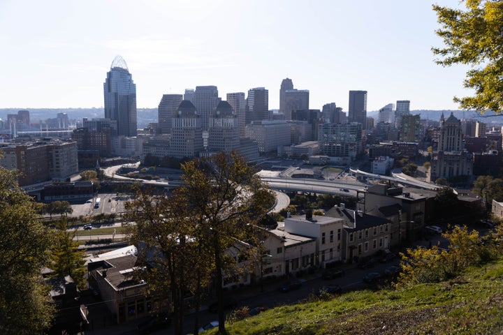 The skyline of Cincinnati, Ohio, is seen on Nov. 7, 2021. Republican officials in the area drew a congressional map that slices through the city, a maneuver used to dilute the voting power of minority communities.