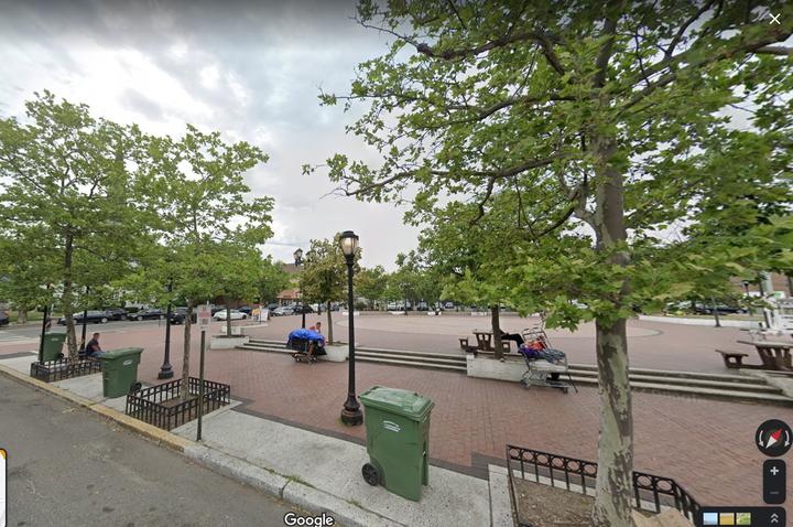A Google Street View image showing the square in June, before the trees were cut down.