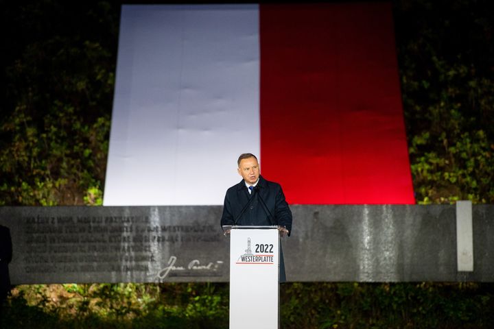 Polish President Duda speaks to the crowd during the 83rd anniversary of the outbreak of World War II in Westerplatte. 